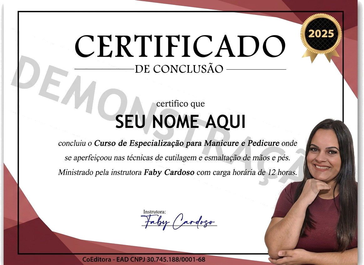 Modelo do certificado oficial de conclusão emitido por Faby Cardoso